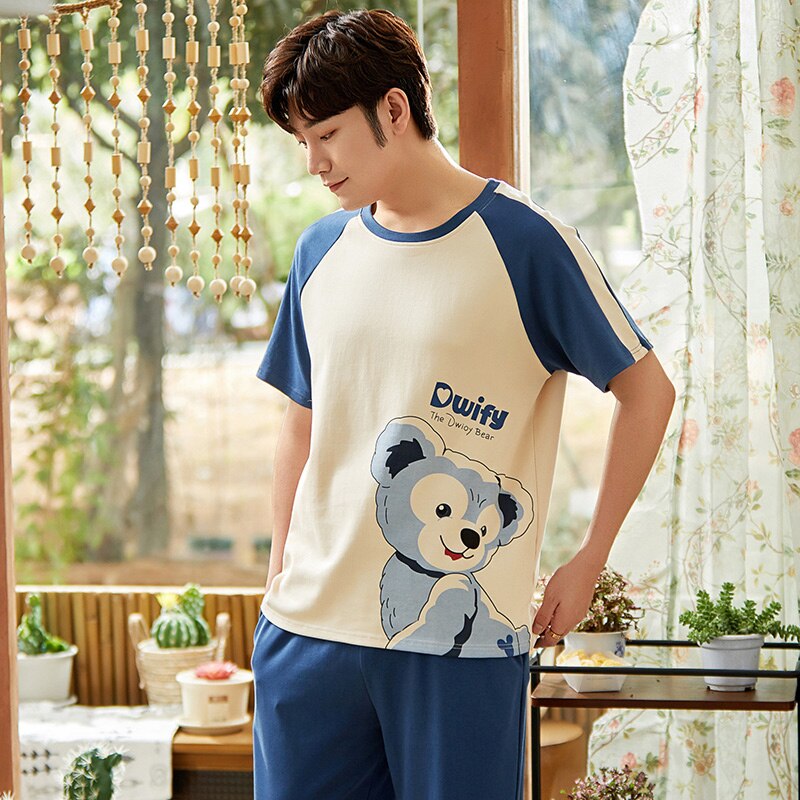 SONG-Conjunto de pijama de algodón para hombre, pantalones largos de manga corta y cuello redondo, con bonito de dibujos animados a la , para el hogar, 2 piezas, novedad de verano y otoño de