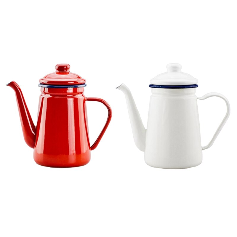 2Pcs 1.1L Emaille Koffiepot Hand Waterkoker Inductie Fornuis Gasfornuis Universal White & Red