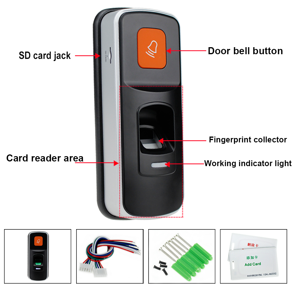 Rfid fingeraftryk adgangskontrollæser biometrisk system fingeraftryksadgangskontrol døråbner understøtter sd -kort dørklokke  wg26