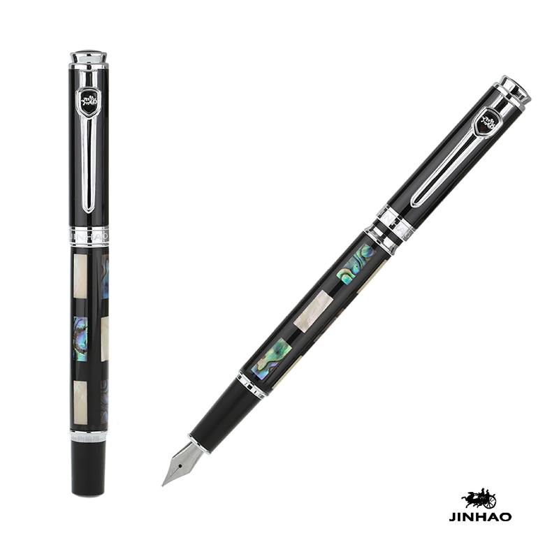 FOUNTAIN PEN 18KGP FINE NIB JINHAO 8802 BLACK AND SILVER SHELL CARVING BEST OFFICE BUSINESS STATIONERY SCHOOL