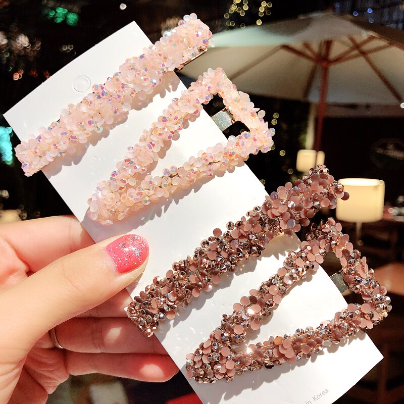 2PCS/SET Korea Shiny Crystal Rhinestones Hairpins Geometric Rectangle Waterdrop Imitiation Pearl Hair Clips Accessories