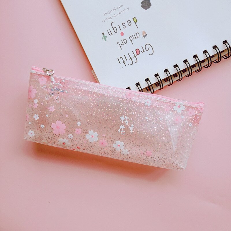 Sød lyserød glitrende matteret sakura blyant taske kawaii blyant tasker pose kontorartikler koreansk papirvarer arrangør: 02