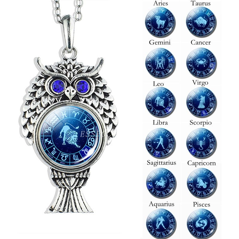 Cute Owl Pendant Stainless Steel Owl Necklace 12 Zodiac Signs Aries Taurus Gemini Cancer Leo Scorpio Constellation Jewelry