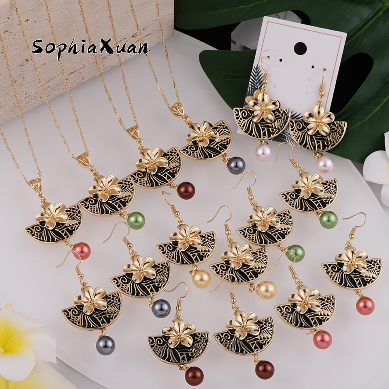 Sophiaxuan Hawaiian Polynesische Sieraden Sets Zwart Sector Plumeria Bloemen Parel Hangers Kettingen En Oorbellen Voor Vrouwen