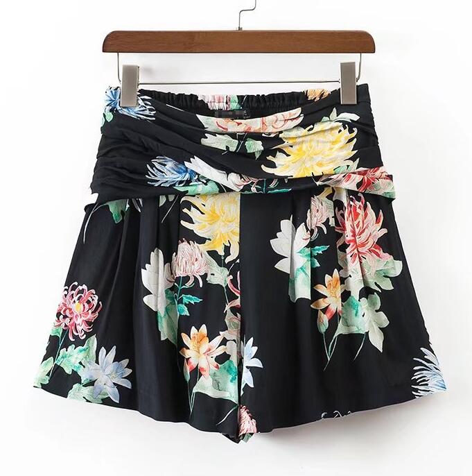 Zomer Mode Bloemenprint Bermuda-vrouwen Verzameld Taille Shorts Met Stretch Terug Taille-Bermuda bodems