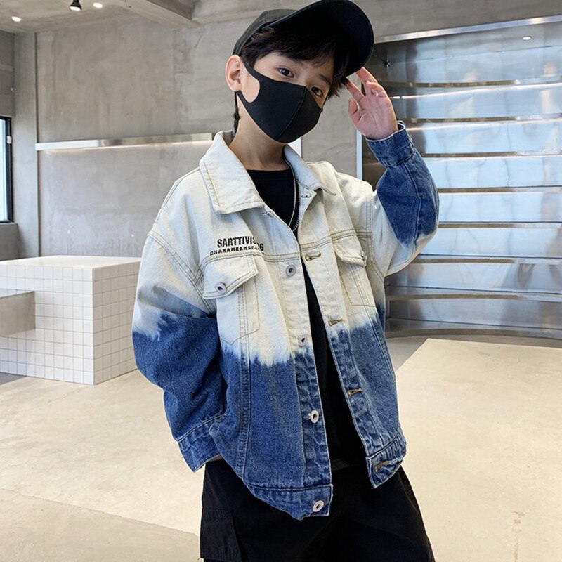 Menino primavera casaco 2022 novas crianças roupas adolescente gradiente denim jaqueta crianças casual retalhos outerwear 3 4 5 7 9 10 11 12 13 14 y