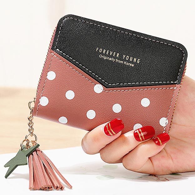 Korte Portemonnees Dame Portemonnee Kwasten Rits Vrouwen Dots Wallet Bag Kaarten Id Houder Meisjes Portefeuilles Geldzakken Notecase Pocket Poucht