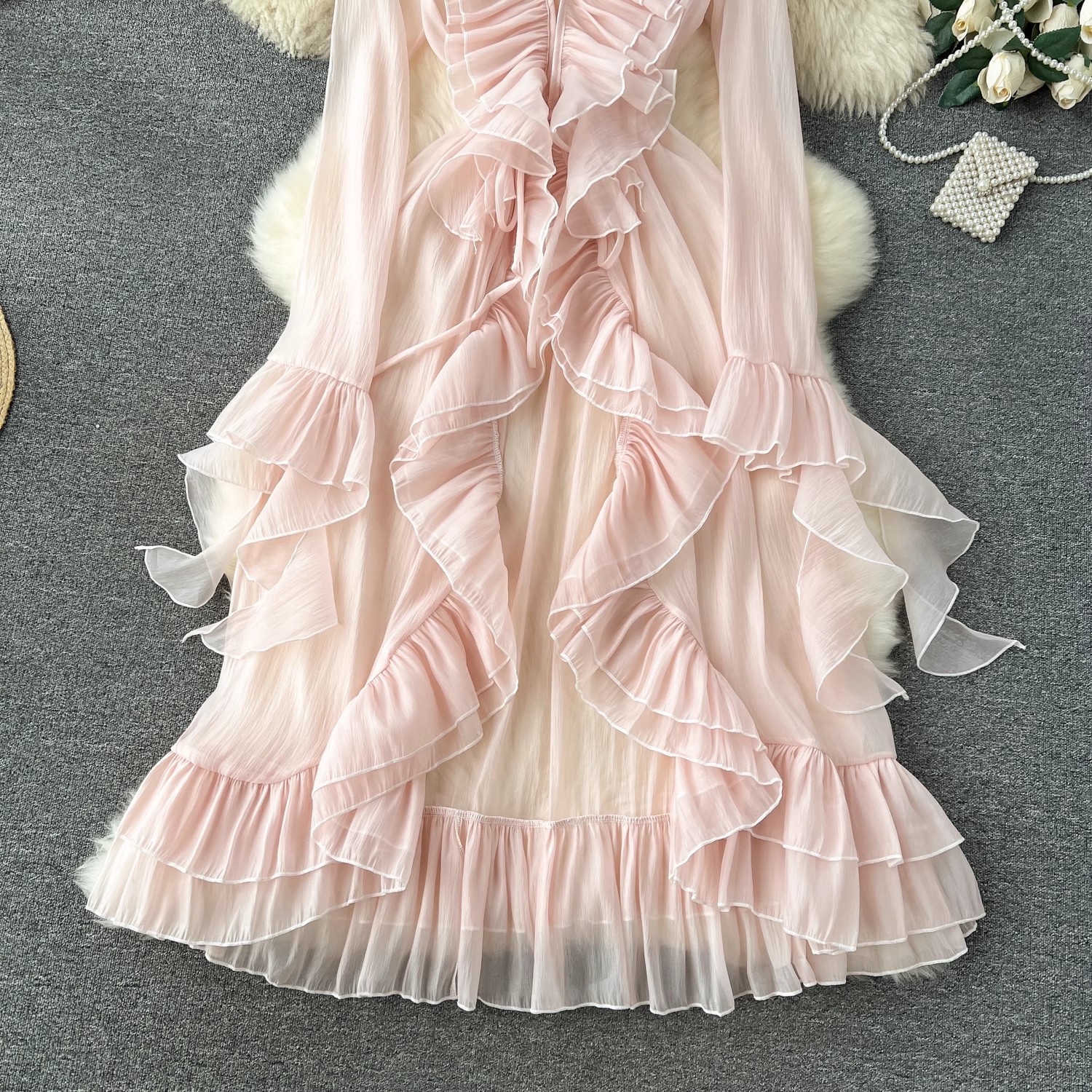 Süße Rüschen rosa lange Jacke Frauen Frühling Sommer Langarm eleganten Mantel Strand Stil Oberbekleidung oben Chaquetas Mujer
