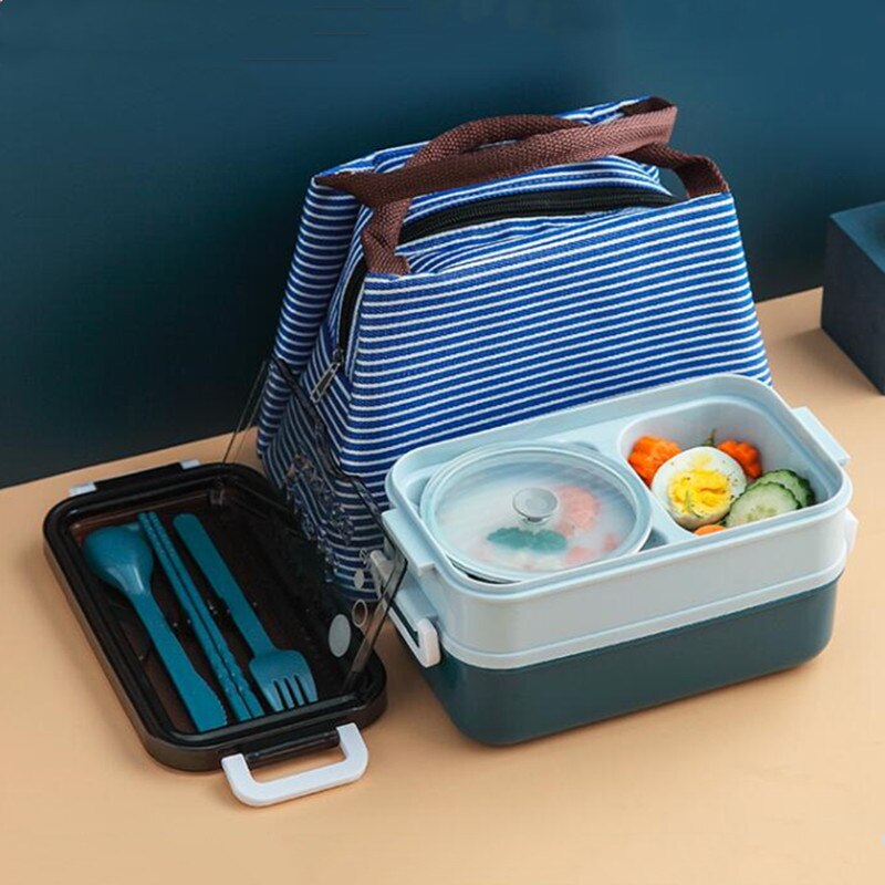 Double Layer Stainless Steel Lunch Box With Soup Bowl Leak-Proof Bento Box Dinnerware Set Microwave Adult Student Food Container: Blue