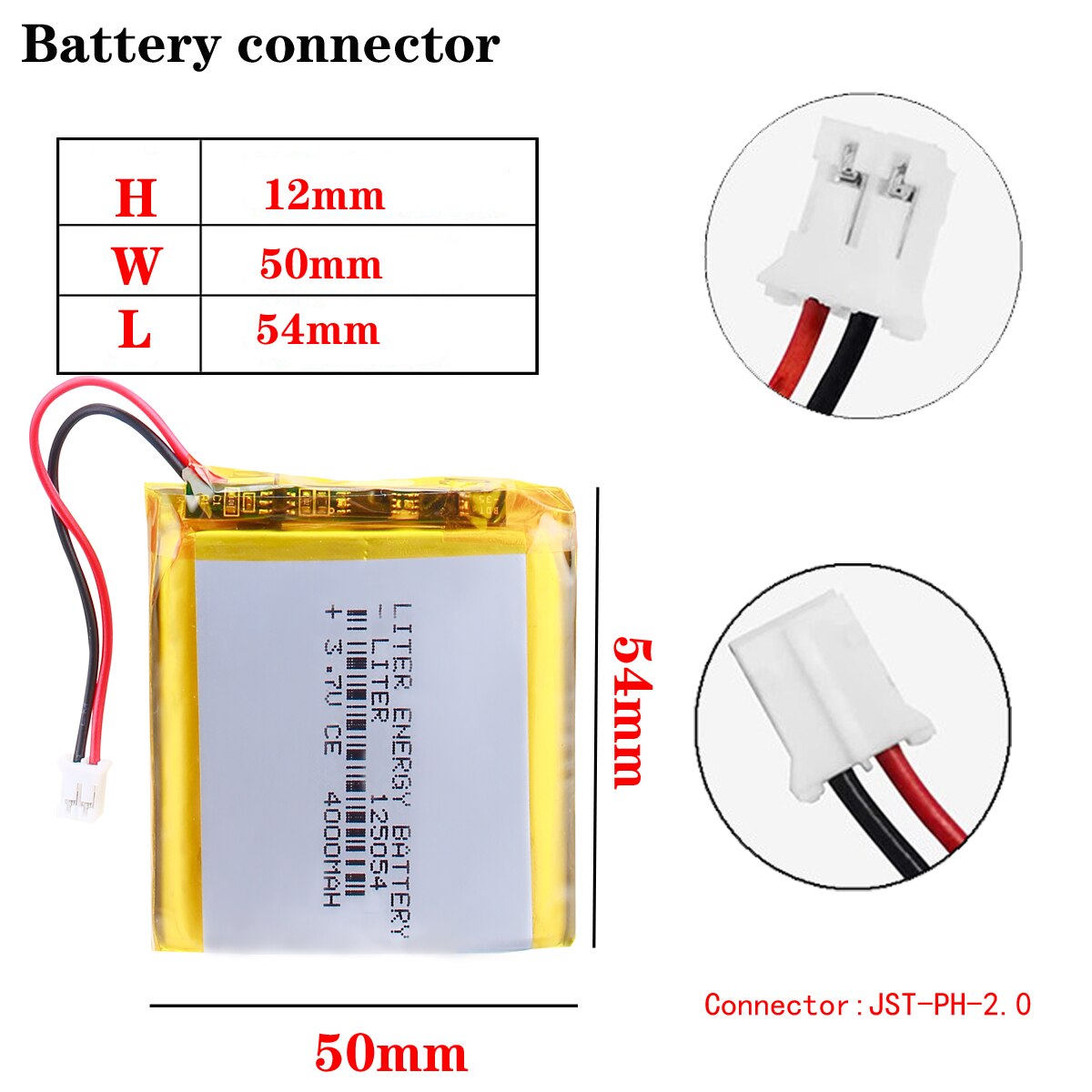 JST XHR 2.0mm 2pin 3.7V 4000mah 125054 Lithium Polymer LiPo Rechargeable Battery For Mp3 Mp4 Mp5 DIY