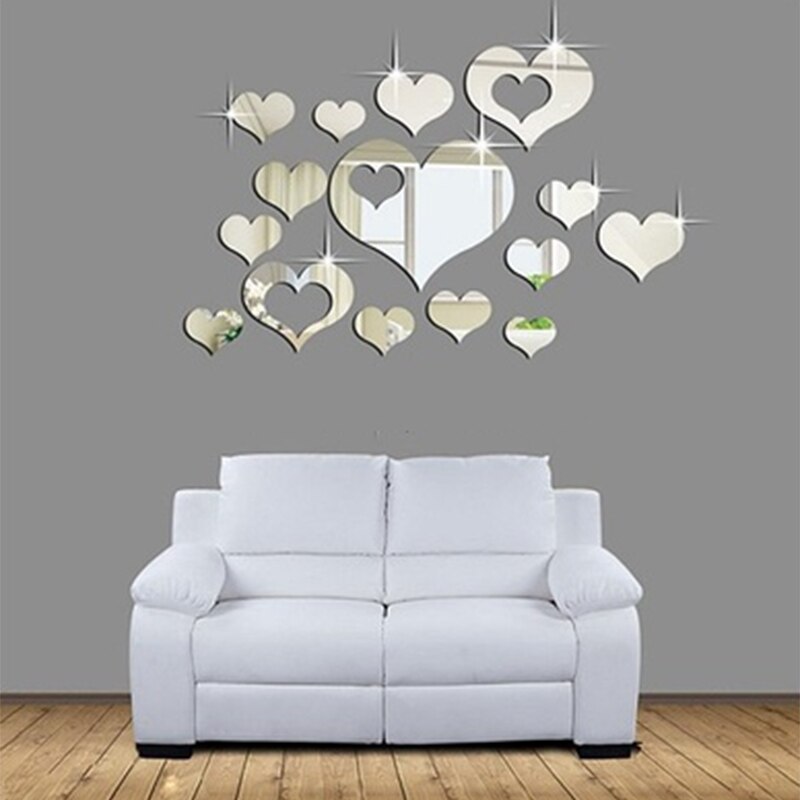 Silver DIY Acrylic Mirror Wall Stickers Love Hearts For Living Room Bedroom Home Decals DIY Acrylic Decoration Wall Stickers