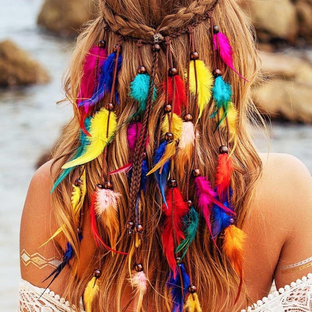 Tassel Feather Headband Adjustable Beaded Boho Style Headdress Ethnic Costume Rainbow Indian Headband Carnival: SKY BLUE