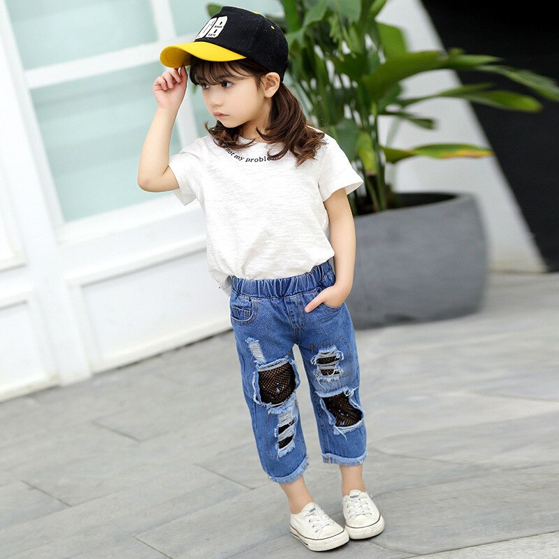 Girls Ripped Jeans Children Spring Summer Fall Korean Style Clothes Toddler Trousers Kids Cotton Nets Cropped Denim Pants