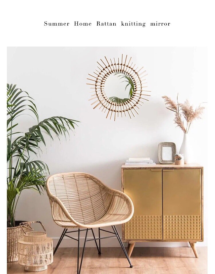 Espejo de ratán para el hogar, espejo artístico con forma de sol, espejo decorativo colgante para pared de salón, Espejos de maquillaje para habitación, decoración de pared de ratán