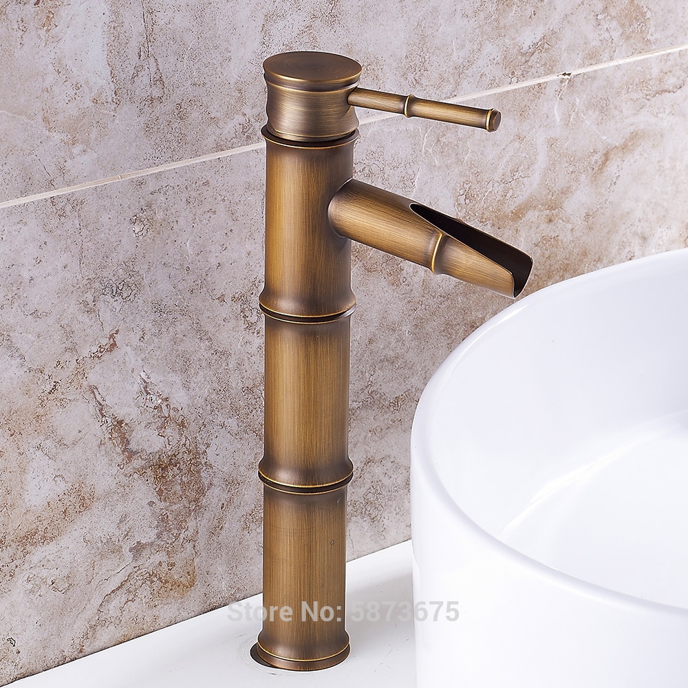 Sort antik retro enkelt hul håndvask vandhane kobber farve messing vandfald badeværelse håndvask vandhane vandhane lang bambus vandhane: Gul