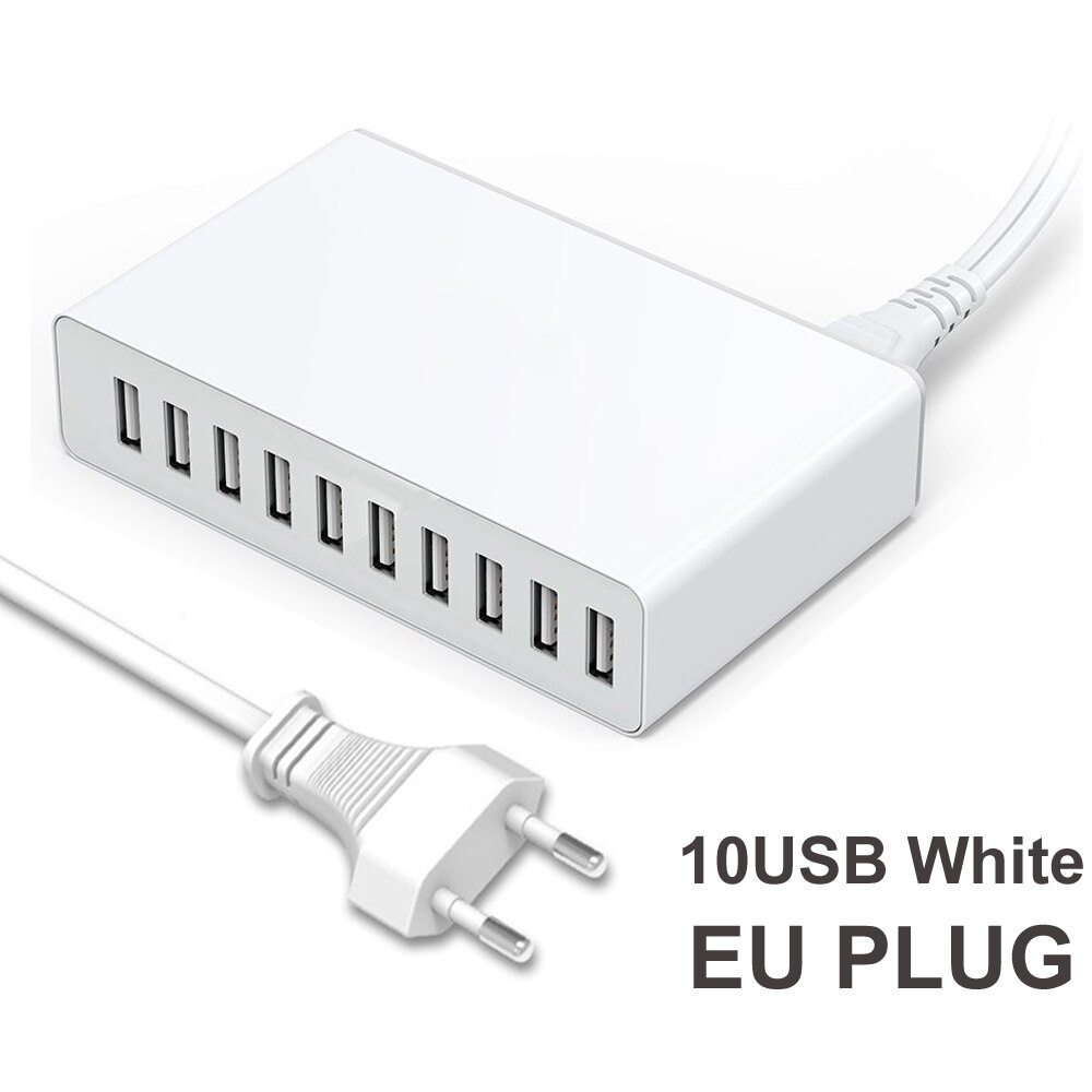 50W Multi USB Charger Station Fast Charger Charging 10 USB Charger Multi port phone charger for iPhone 11 12 pro xiaomi huawei: 10USB  EU White