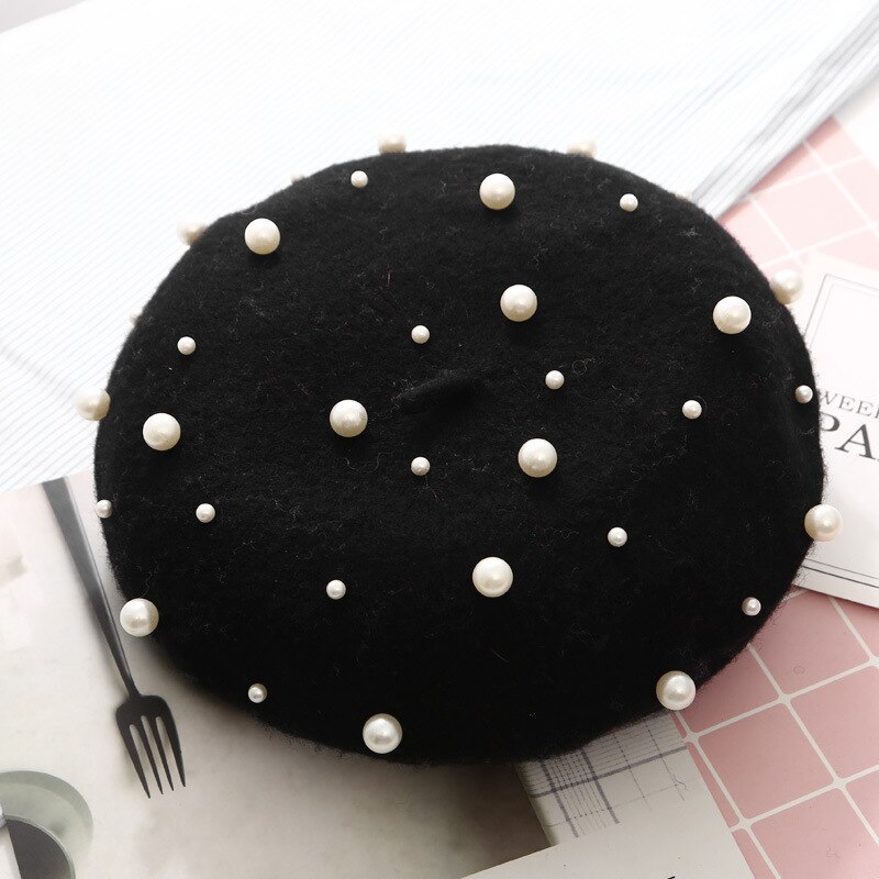 Wool Women Winter Berets Luxury Pearl Rivet Vintage Cashmere Female Warm Vogue Beret Hats Girls Flat Cap Beret for Women: Black