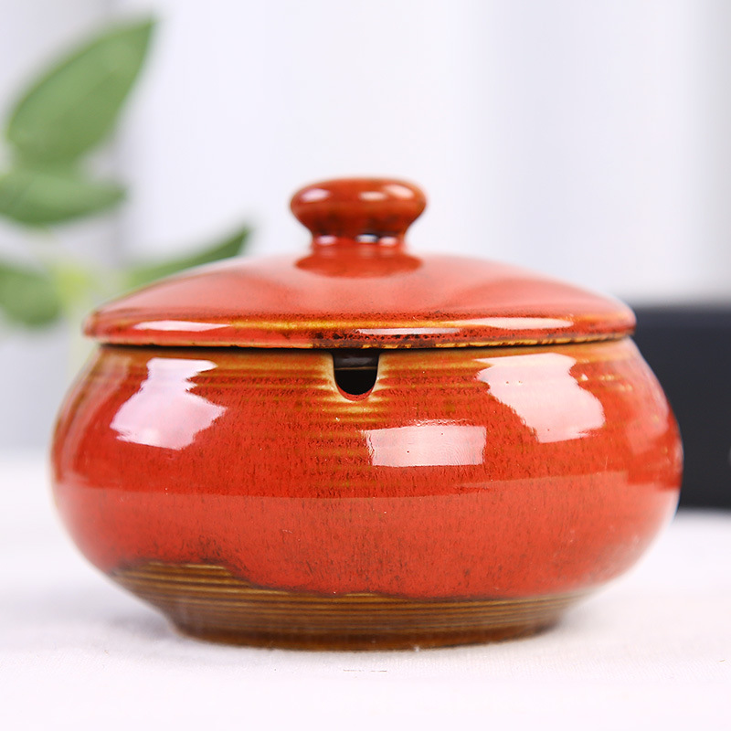 European Ceramic Ashtray with Lid Kiln Change Glaze Decorative Desktop Ashtrays Living Room Retro Ash Tray Ornaments: Burgundy