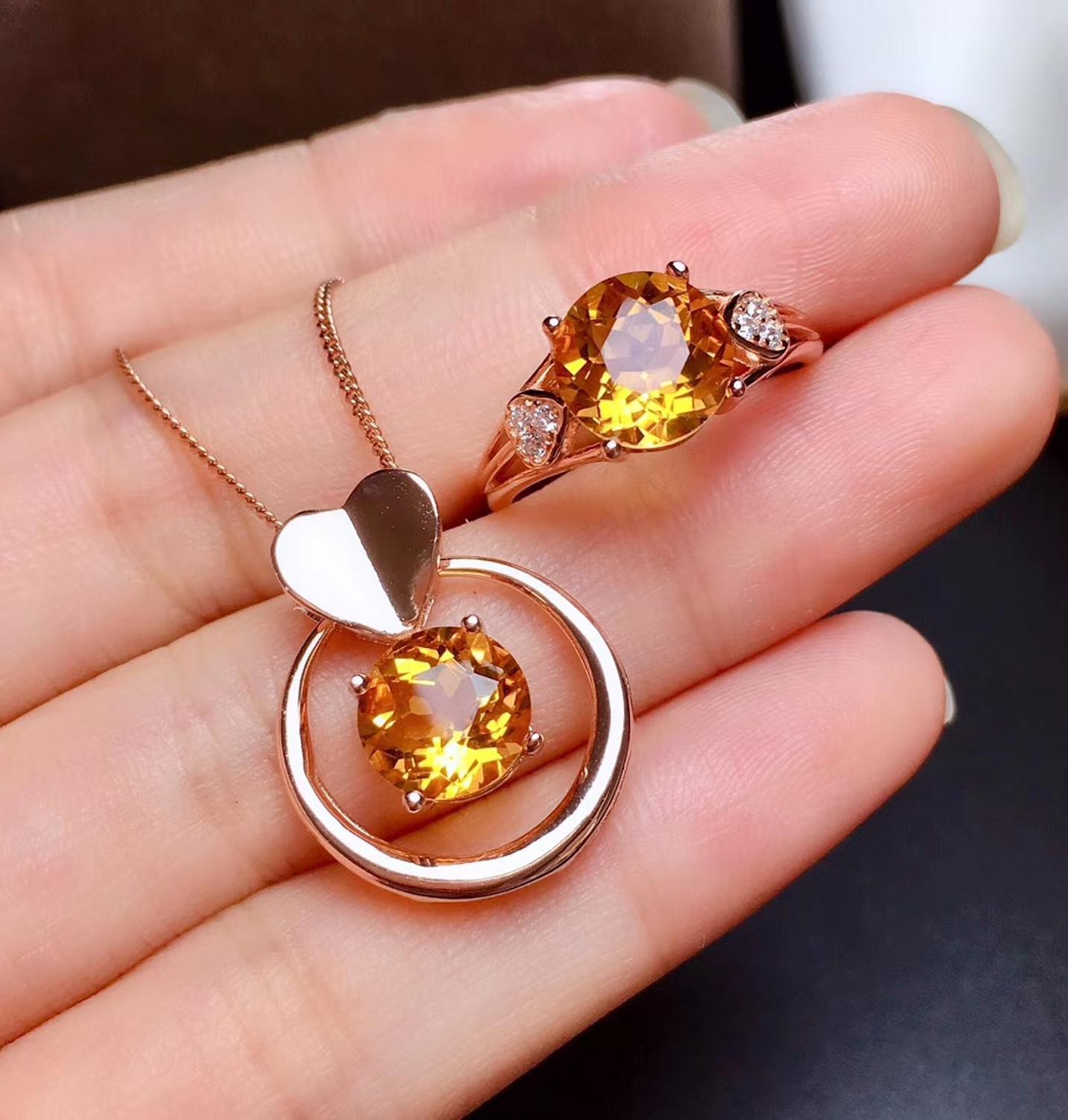 Di grande formato giallo citrino insieme dei monili tra cui anello della collana reale 925 argento festa di compleanno del regalo ornamento di colore giallo brillante