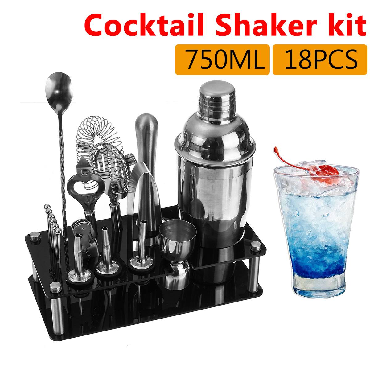 18 stk 750ml bartendersæt rustfrit stål cocktail shaker sæt drink mixer bar sæt bar supplie med stativ