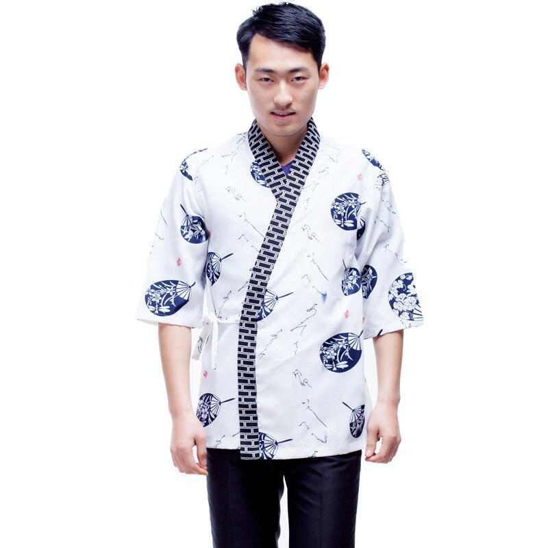 Unisex Japanese Style Food Service Sushi Chef Jacket Kitchen Work Wear Uniform Print Cook Tops Oblique Collar Breathable Kimono