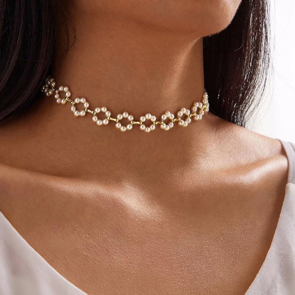 Korean Style Faux Pearl Beaded Choker Necklace for Women Trendy Clavicle Chain Collares Necklace Party Charm Jewelry