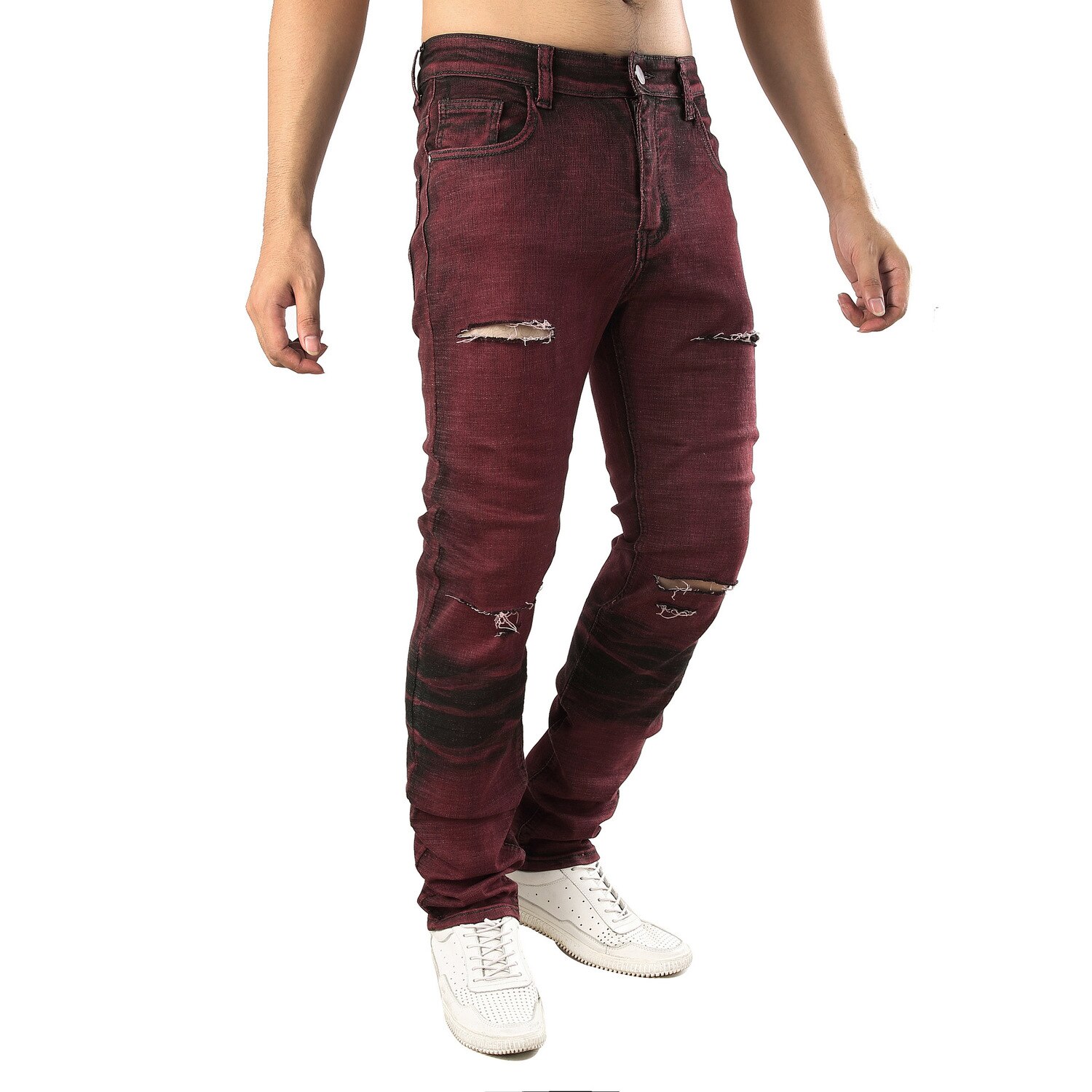 Mannen Slim Stretch Jeans Biker Gat Gescheurd Cowboy Broek Mannelijke Rode Wijn Broek