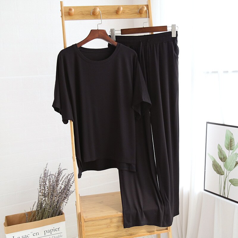 Plus size modal algodão conjunto pijama feminino solto casual homewear terno 2 pçs roupas de verão em casa senhoras manga curta pijamas terno: Black / L