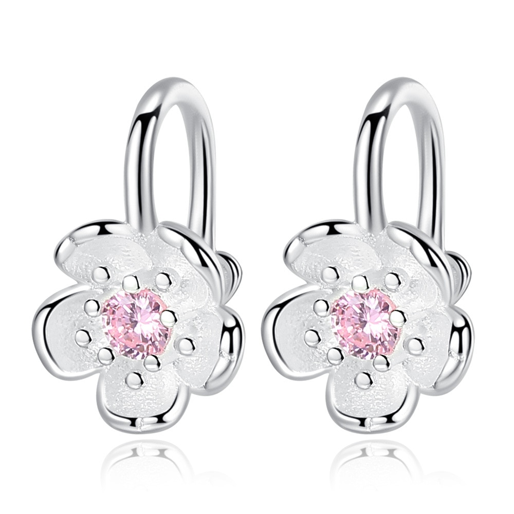 Korea Style Crystal Cherry Blossom Flower Clip on Earrings Without Piercing for Girls Party Sweet Silver Color No Hole Ear Clip