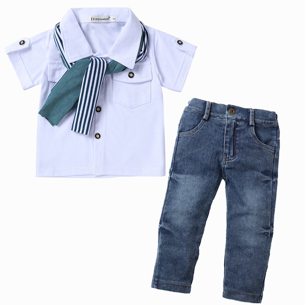 3 Stk/set Kids Baby Boy Kleding Casual Witte T-shirt Sjaal Jeans Zomer Kind Kinderen Voor Peuter Jongens Kleding 2 3 4 5 6 Jaar