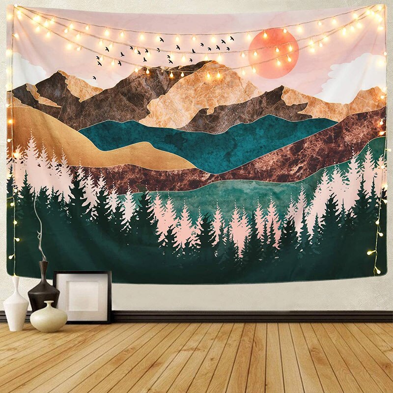 Mural de paisaje abstracto moderno, tapiz de pared de poliéster para decoración del hogar, montaña al atardecer, bosque, Pirnt Asuka