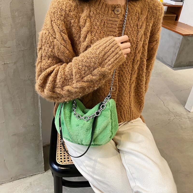 Herfst Winter Schouder Onderarm Tassen Voor Vrouwen Pluche Effen Kleur Messenger Bag Reizen Straat Keten Zakken