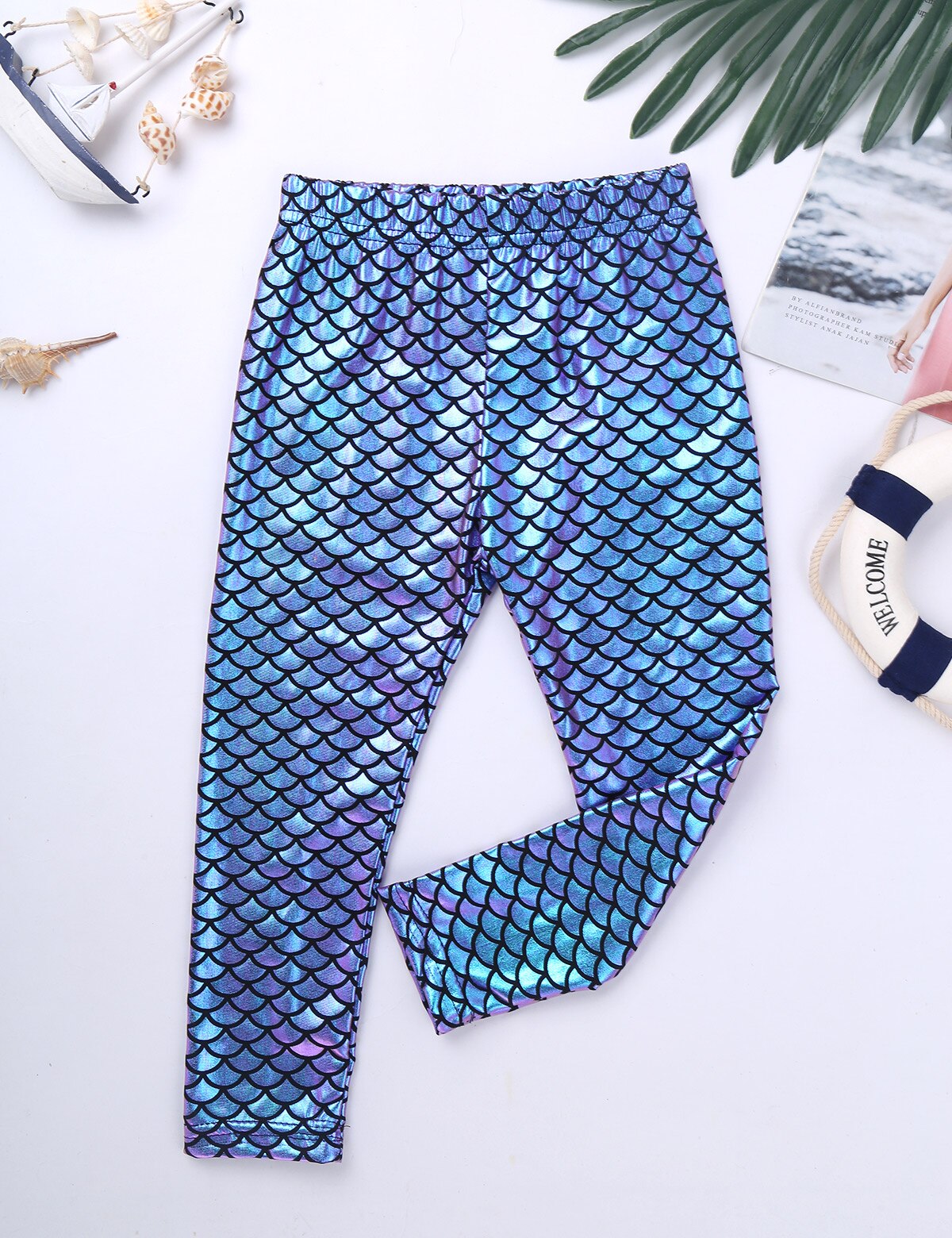 Kiiltävä 3d painettu tyttö leggingsit kiiltävät kalasuomut kuvio tanssi leggingsit kevään värikkäät tyttövauvan housut ohuet housut