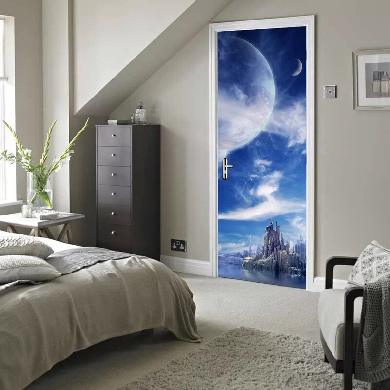 Self Adhesive Waterproof Wallpaper 3D Alien World Door Stickers Home Decor Renew PVC Mural Paper Print Art Picture For Bedroom