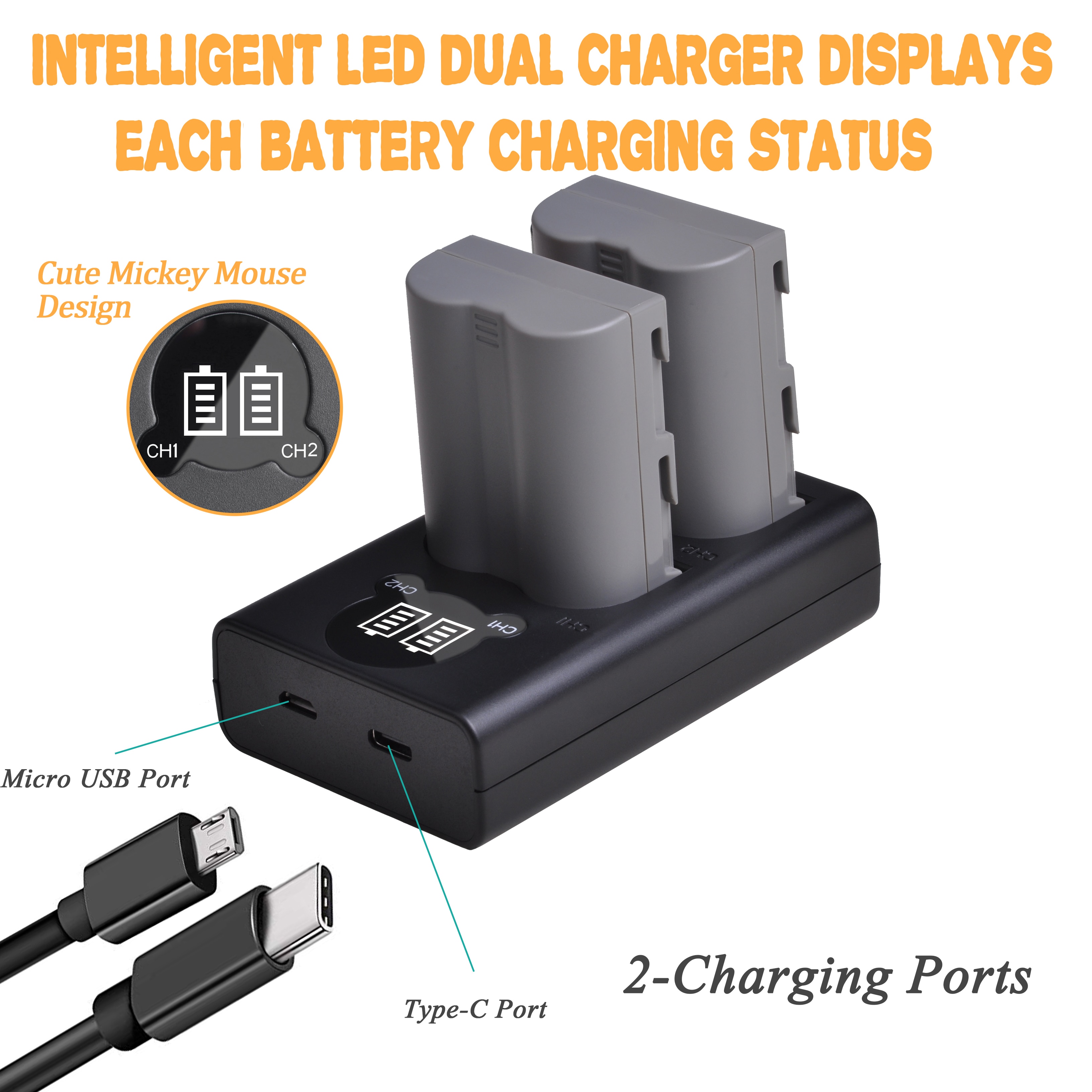 2 pc 1900 mah en -el3e sv  el3e kamerabatteri och led -laddare med typ c -port för nikon  d50 d70 d80 d90 d100 d200 d300 d300s d700.