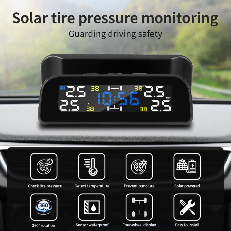 Wireless TPMS Time Display Car Alarm Tire Pressure Monitoring System Rotation Warning Solar Power Charge Inside/External sensors