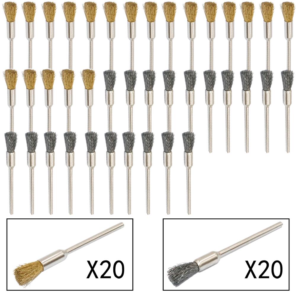 Stålborstar i mässing tillbehör för dremel roterande verktyg skaft 3mm: Stil 5 40 st