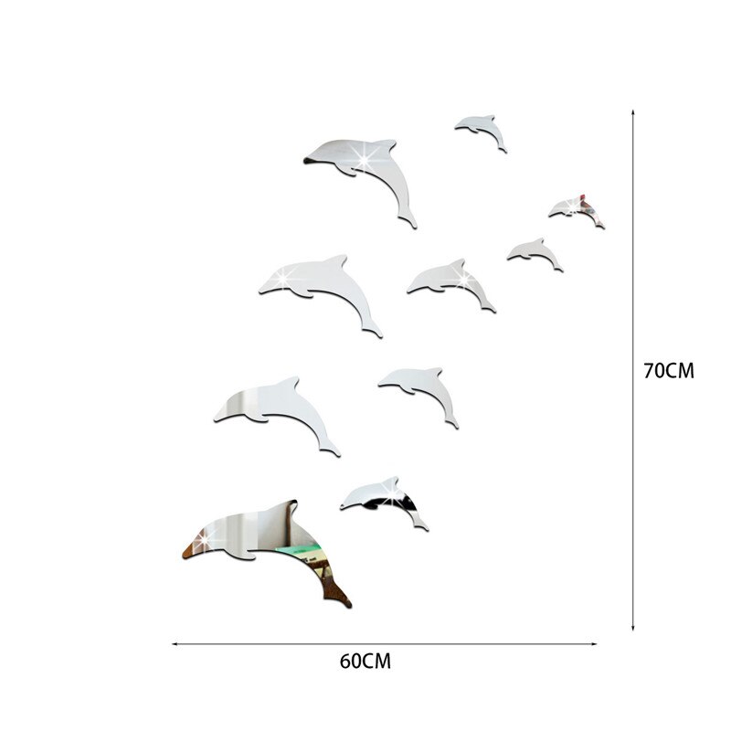 Wall Mirror Sticker Acrylic 3D Cute Dolphin Combination Mirror Effect Wall Sticker Decal Home Decor Bathroom Stickers Silver: Default Title