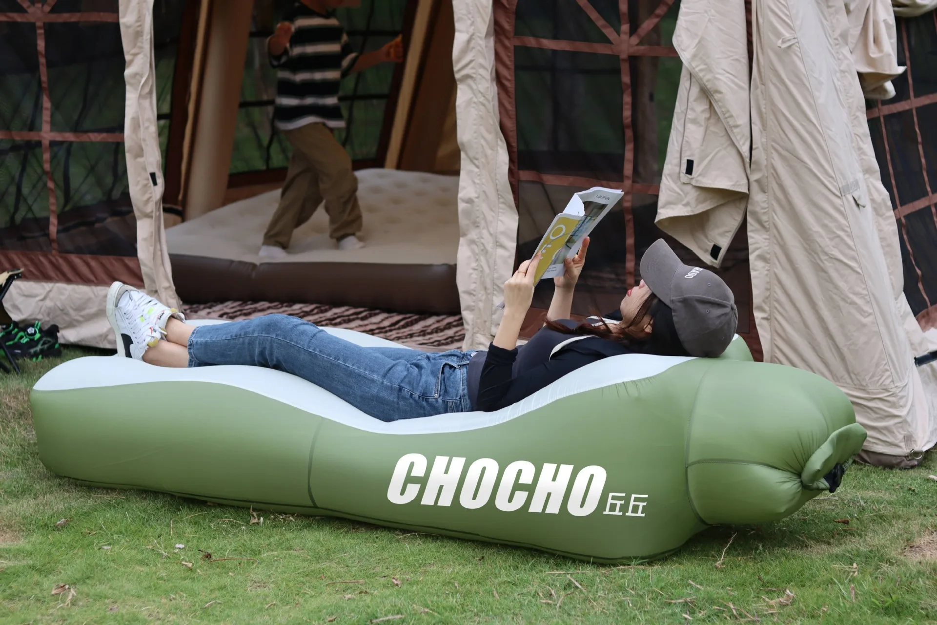 Oppblåsbar sovesofa for å sove i dobbel madrass ultralette seter luft selvkjørende turer seng campingutstyr widesea pute: Gul