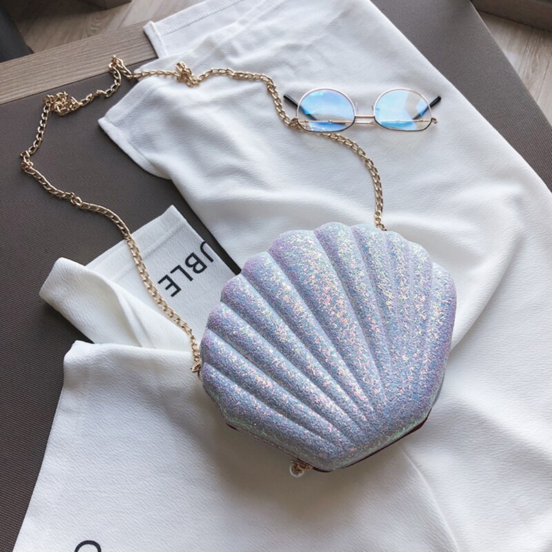 Women Girls Little Mermaid Seashell Purse Cross-Body Shoulder Bags Glitter Sequins Chain Evening Purse