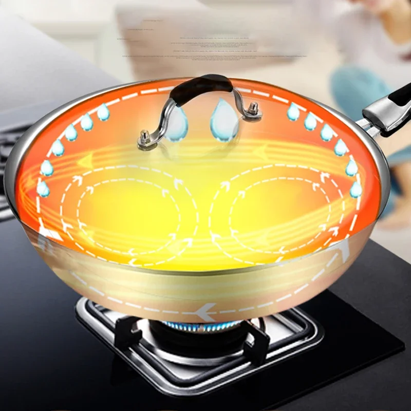 32cm ångfria non-stick wokpannor 304 stekpanna i rostfritt stål med glaslock hushålls-obelagrad wok-spis gaslämplig
