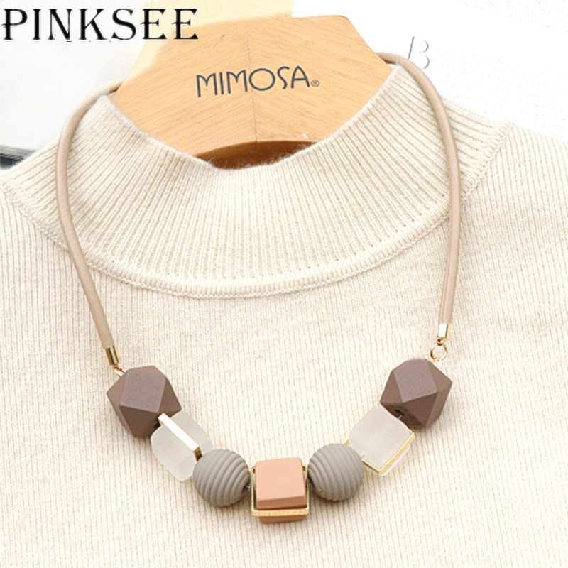 PINKSEE Colored Wood Round Beaded Pendant Necklace Trendy Sweater Chain Geometric Jewelry Accessories for Women