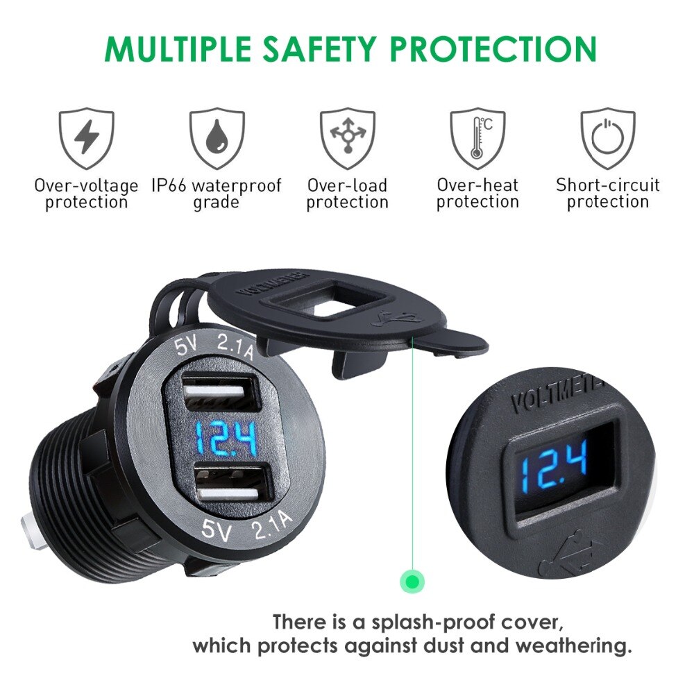 Dual USB Charger Socket Waterproof Power Outlet 2.1A with Voltmeter Wire in-line 10A Fuse for 12-24V Car Boat Marine Motorcycle