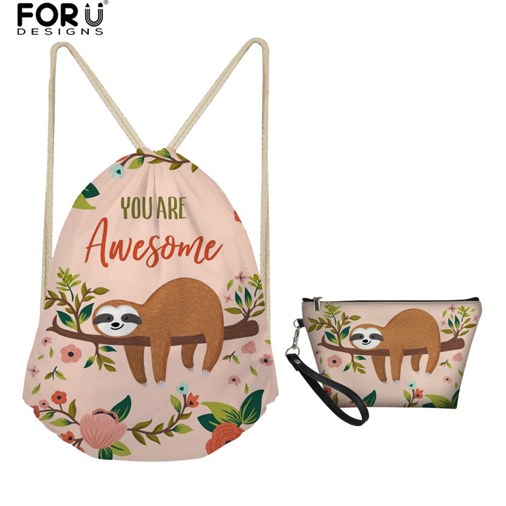 Forudesigns 2 stuks/set trekkoordtas voor dames rugzak klein schattige luiaard print kinderen meisjes trekkoord zak tassen dames boekentas