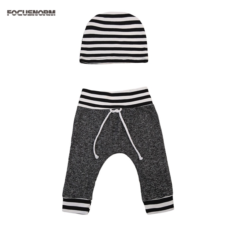 Toddler Baby Girls Boys 2PCS Summer Spring Clothes Cotton Elastic Waist Grey Striped Bottom Casual Pants Hat 2Pcs