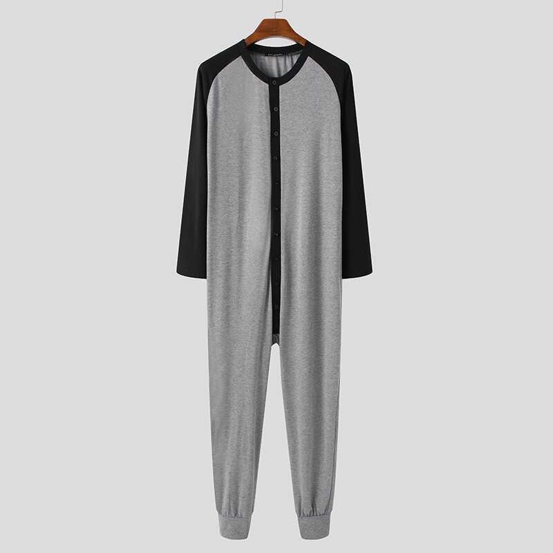 Man Long Sleeve O Neck Nightgown INCERUN Men Sleepwear Jumpsuits Leisure Patchwork Onesies Fitness Button Up Romper Homewear 5XL: Black / 4XL