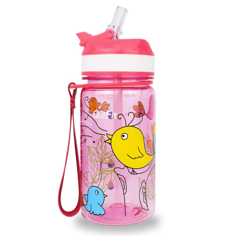 Quifit Tritan Water Bottle 450ml BPA Free Children Bottles Ourdoor Jug Tour Bottles Lovely Kettle for Kids: Pink with straw