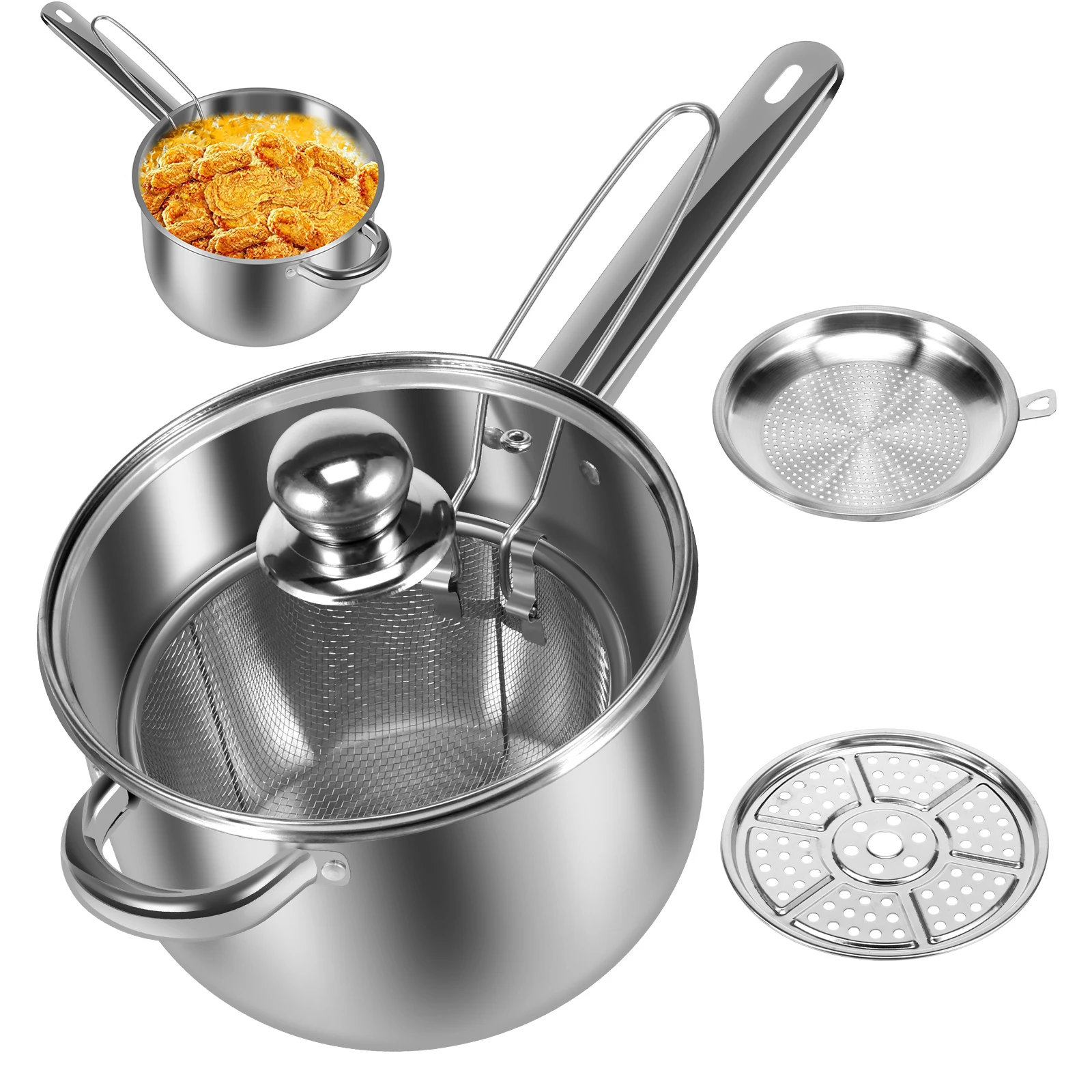 Stainless Steel fryer with French fries and chicken wings,household Mini oil pot with filter screen, Tianfu Luo Deep Fryer Pots