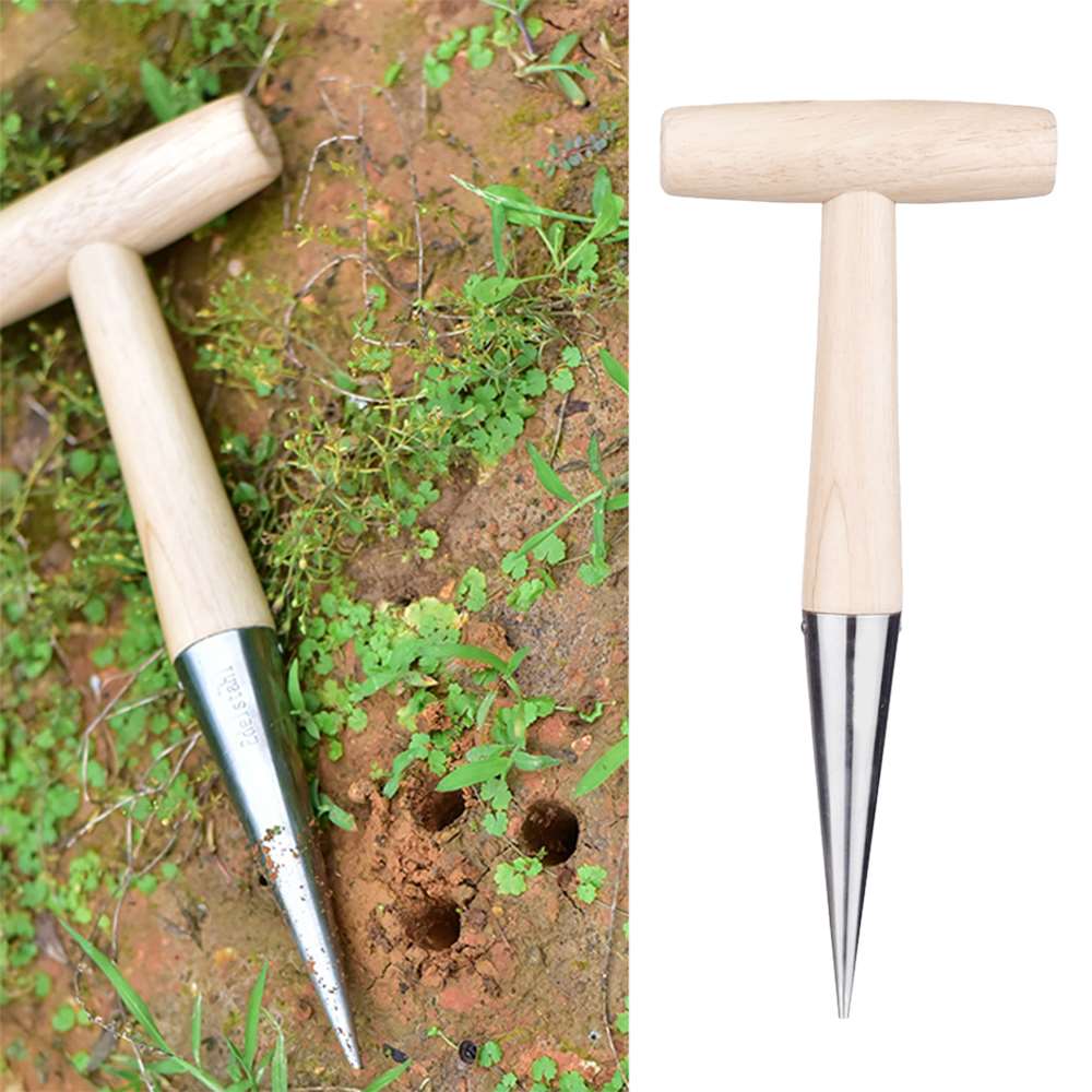 Garden Hole Punch Planter Dibber Planting Bulb Flower Root Depth Planter Durable Wood Steel Gardening Tool