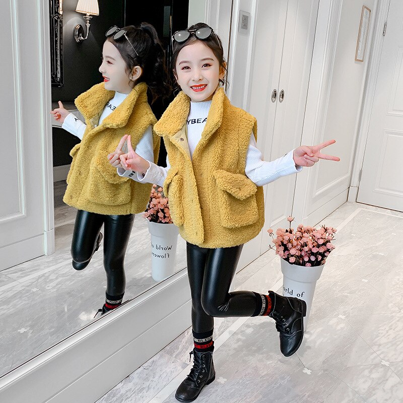 Children Winter Fleece Waistcoat Teenage Girl Sleeveless Single-breasted Plush Vest Pure Color Pockets Thicken Warm Chaleco Niña